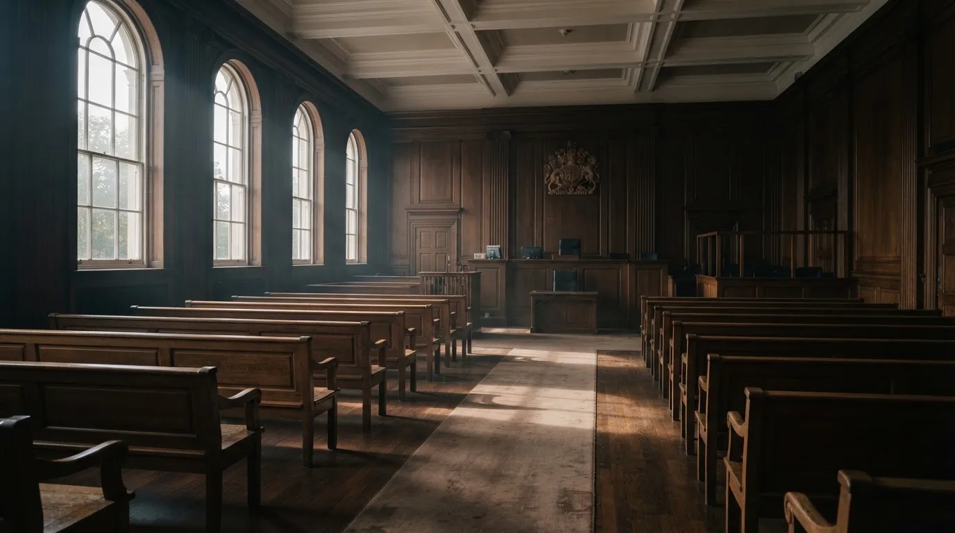 An empty courtroom with wooden benches in morning light