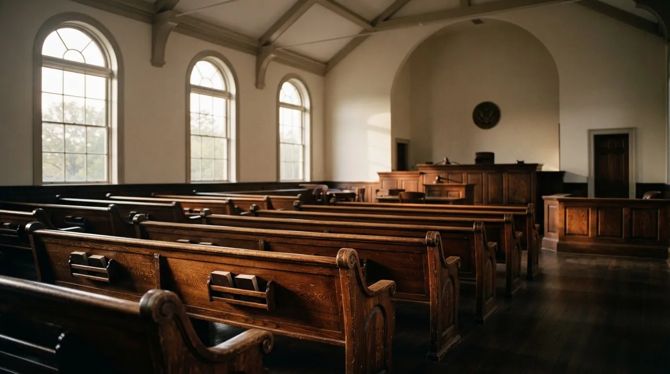 An empty courtroom with wooden benches in morning light