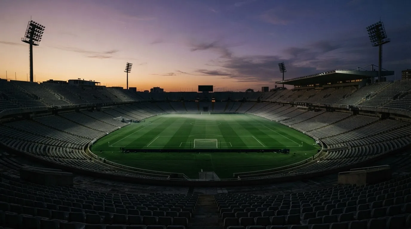 An empty football stadium with floodlight masts at dusk