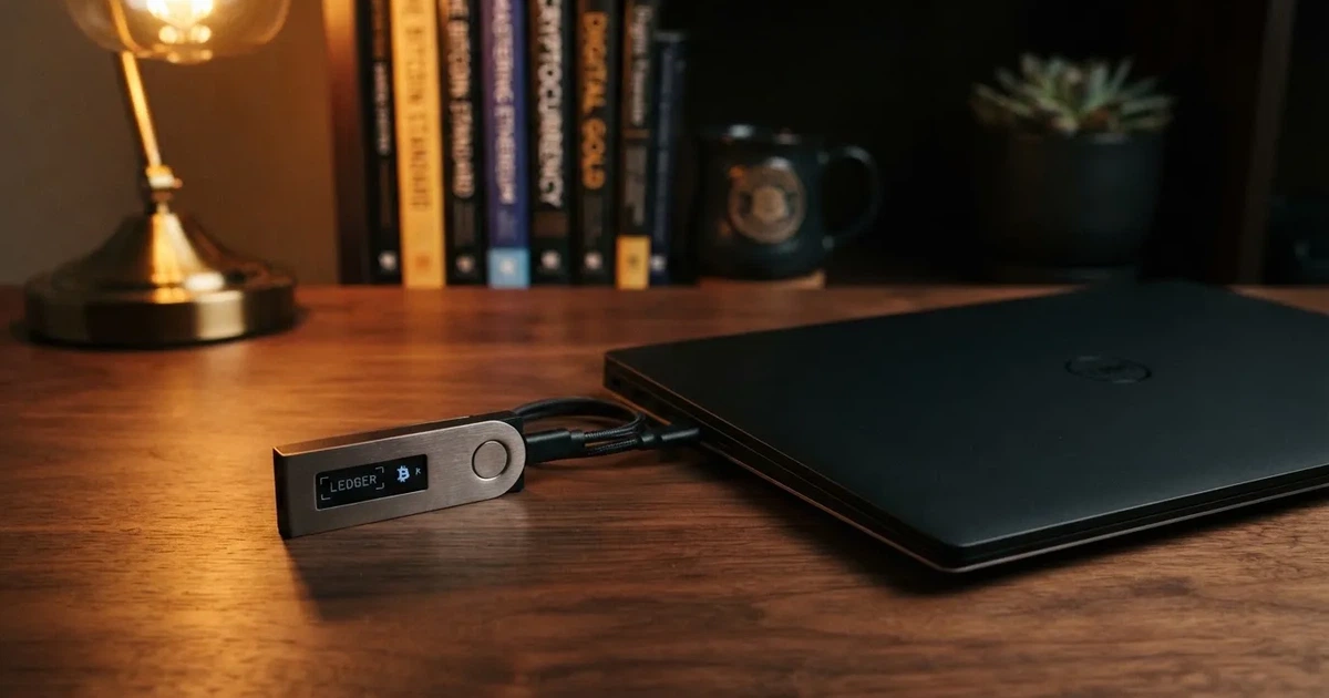 A hardware wallet and a closed laptop on a desk in dim light