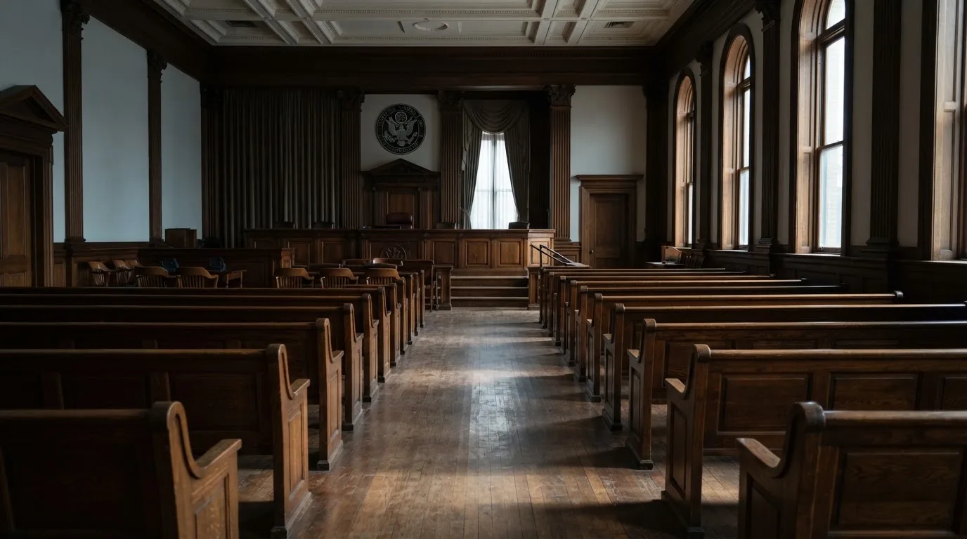 An empty courtroom with wooden benches in morning light