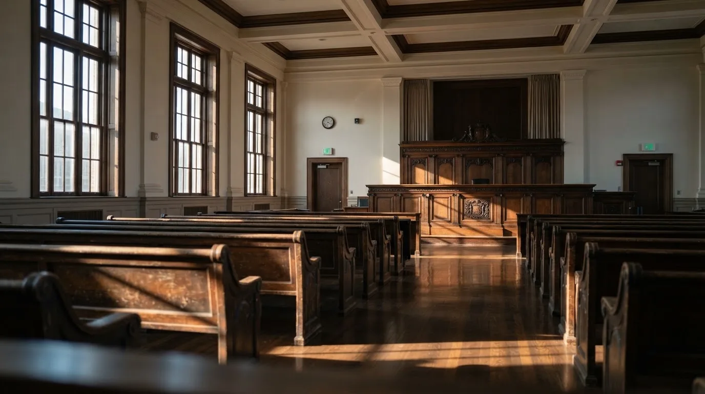 An empty courtroom with wooden benches in morning light