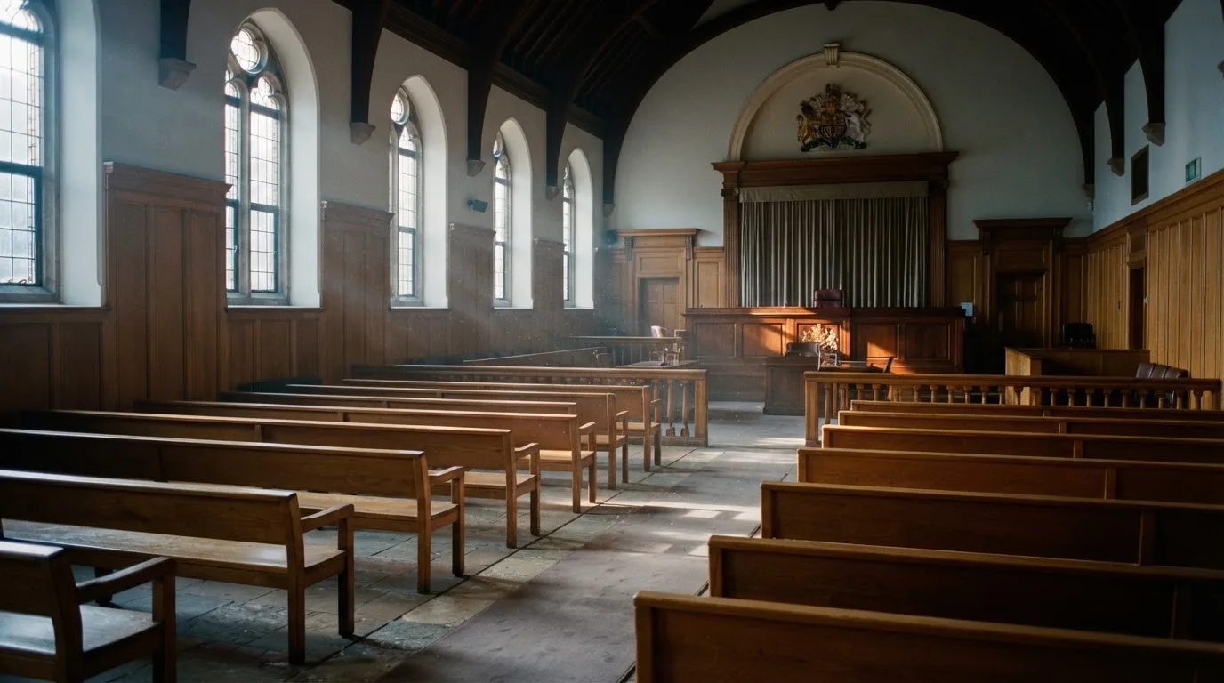 An empty courtroom with wooden benches in morning light