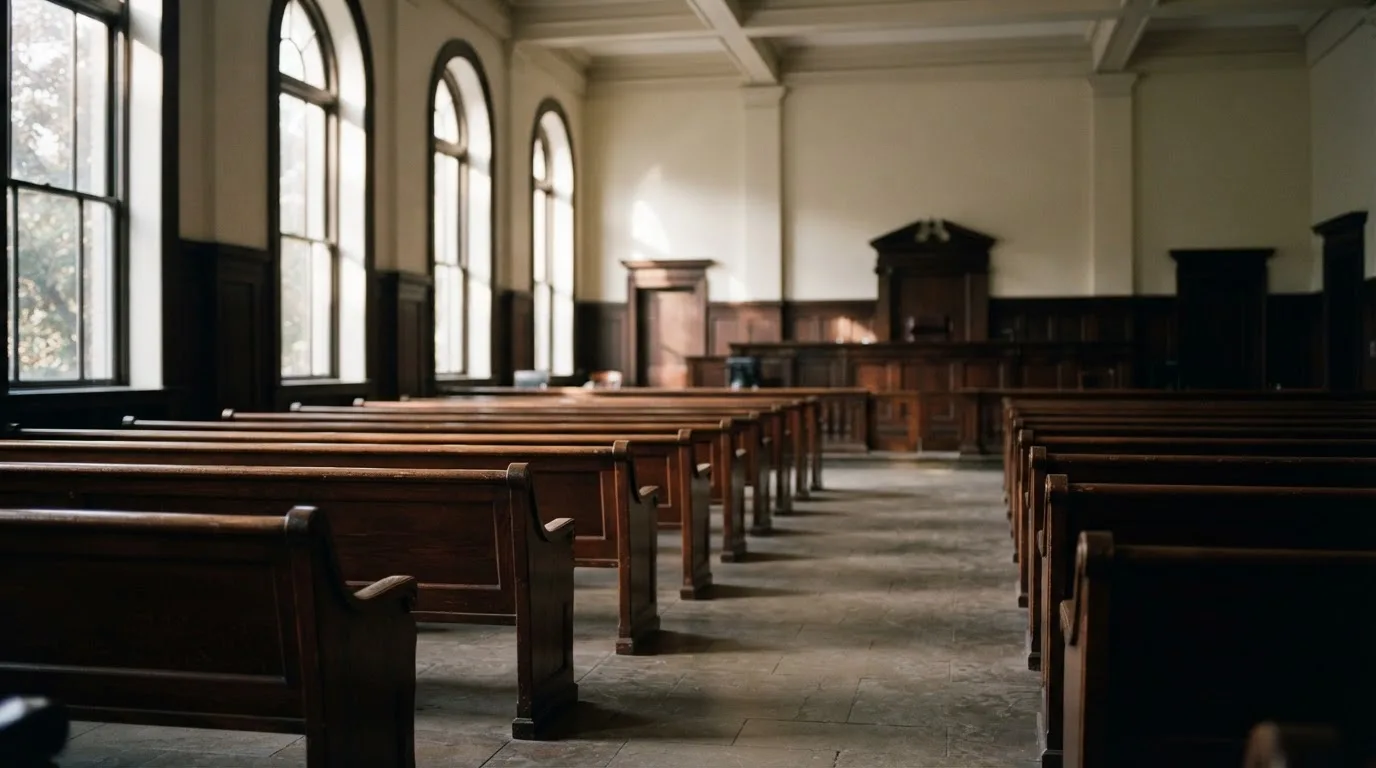 An empty courtroom with wooden benches in morning light