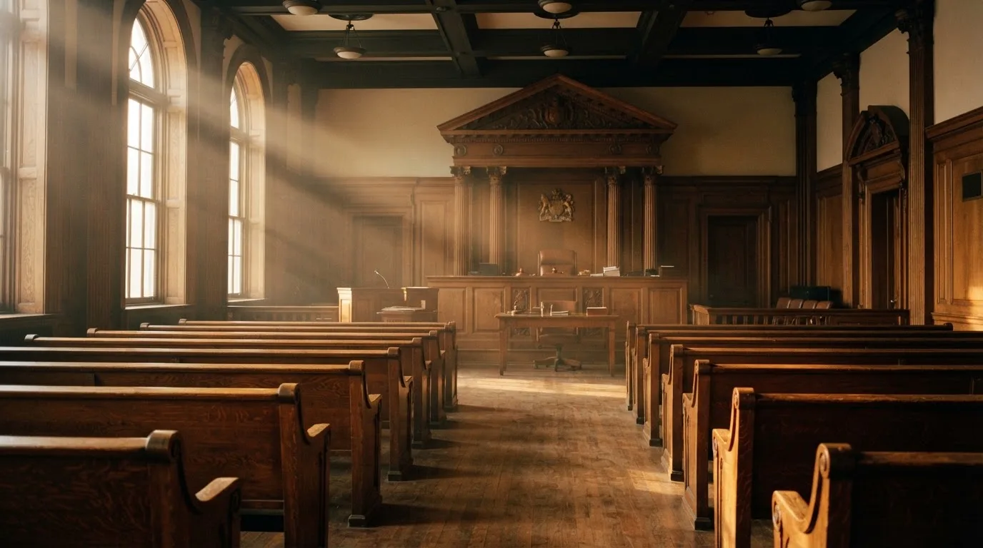 An empty courtroom with wooden benches in morning light