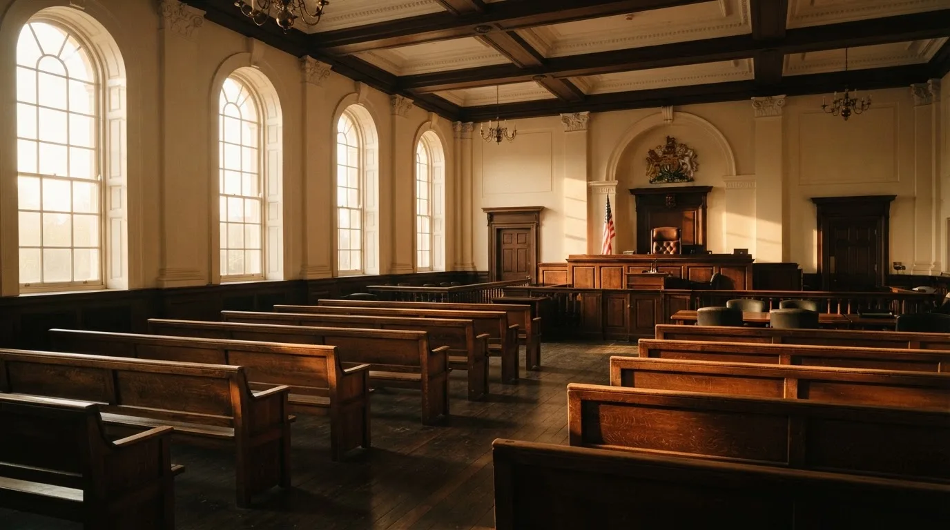 An empty courtroom with wooden benches in morning light