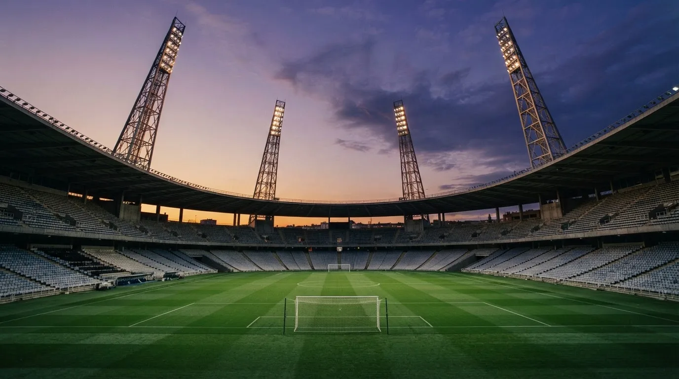 An empty football stadium with floodlight masts at dusk
