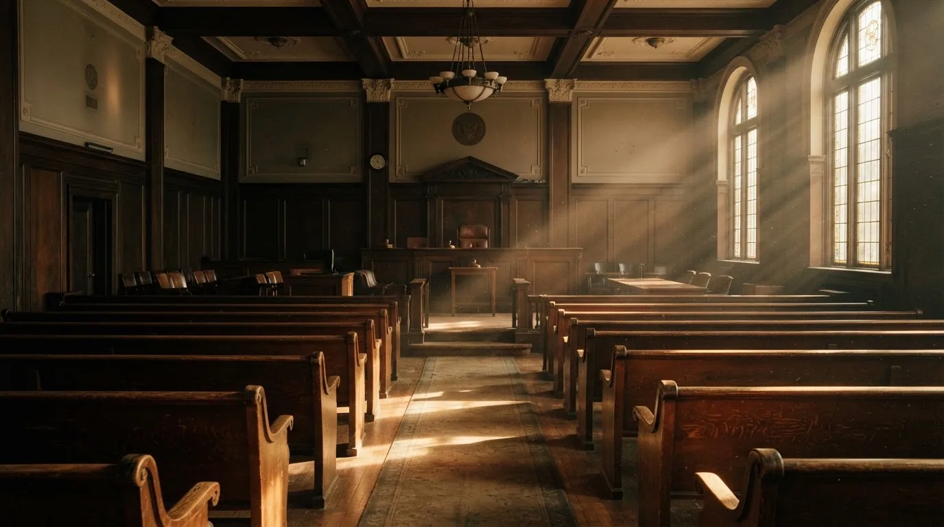 An empty courtroom with wooden benches in morning light