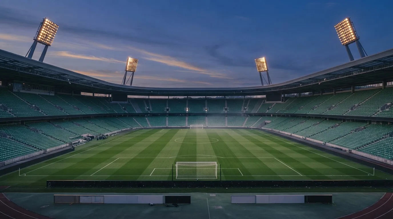 An empty football stadium with floodlight masts at dusk