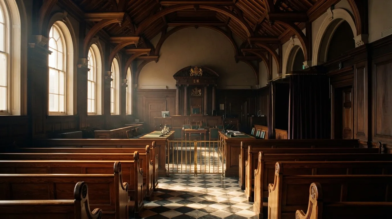 An empty courtroom with wooden benches in morning light