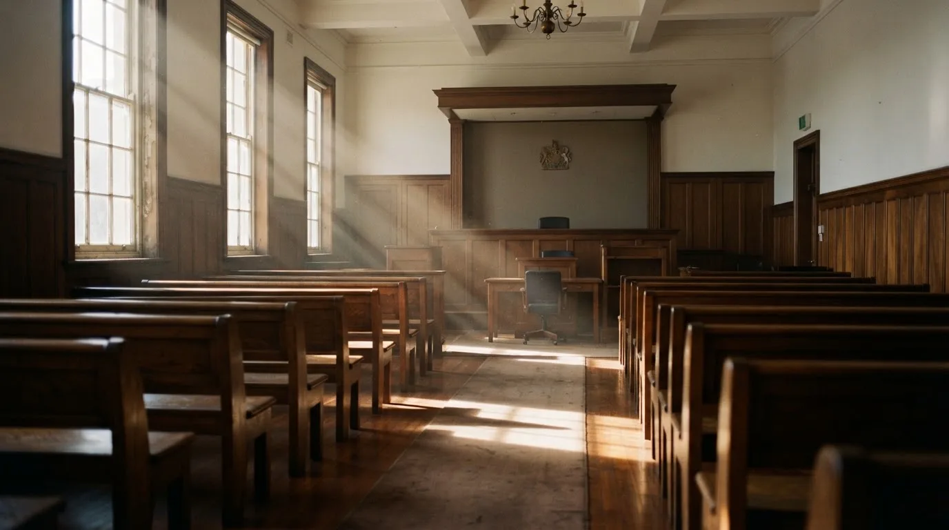 An empty courtroom with wooden benches in morning light