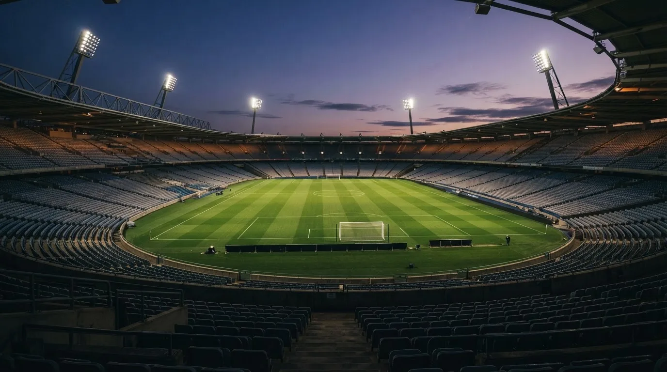 An empty football stadium with floodlight masts at dusk