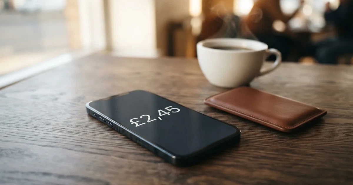 A smartphone on a wooden table beside a wallet and a coffee cup