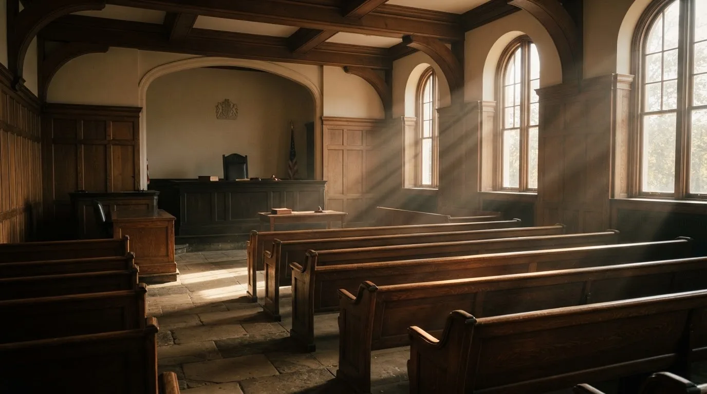 An empty courtroom with wooden benches in morning light