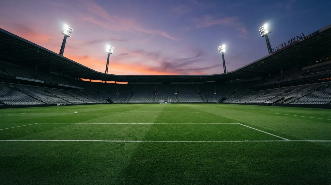 An empty football stadium with floodlight masts at dusk