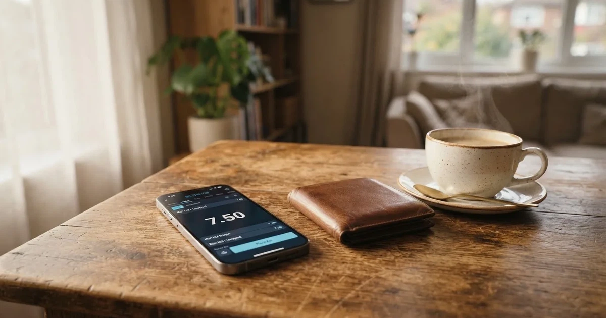 A smartphone on a wooden table beside a wallet and a coffee cup