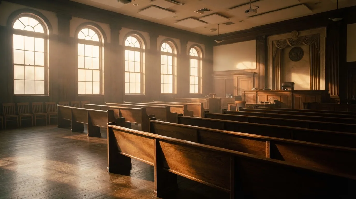 An empty courtroom with wooden benches in morning light