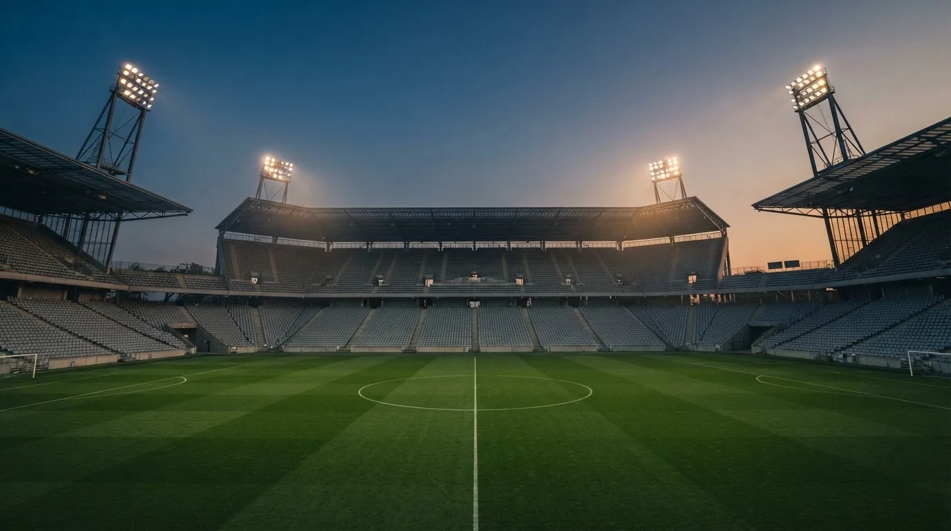 An empty football stadium with floodlight masts at dusk