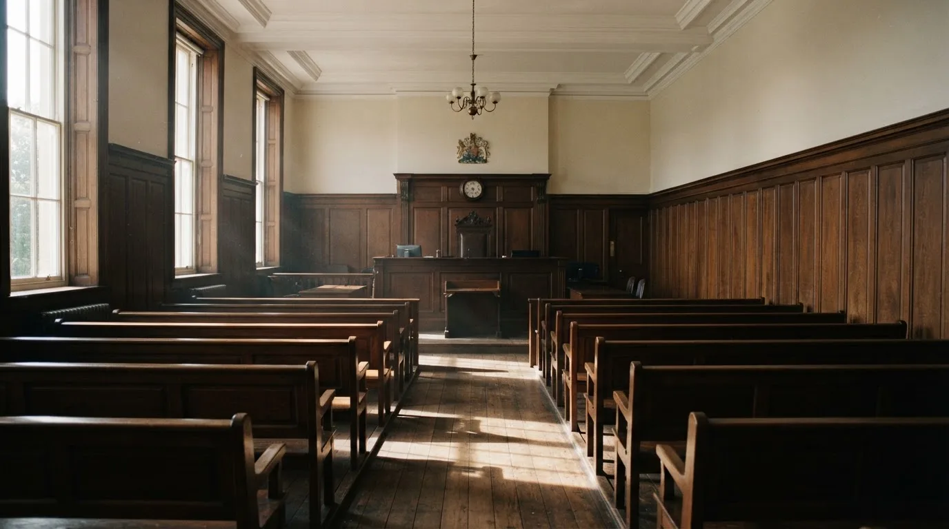 An empty courtroom with wooden benches in morning light