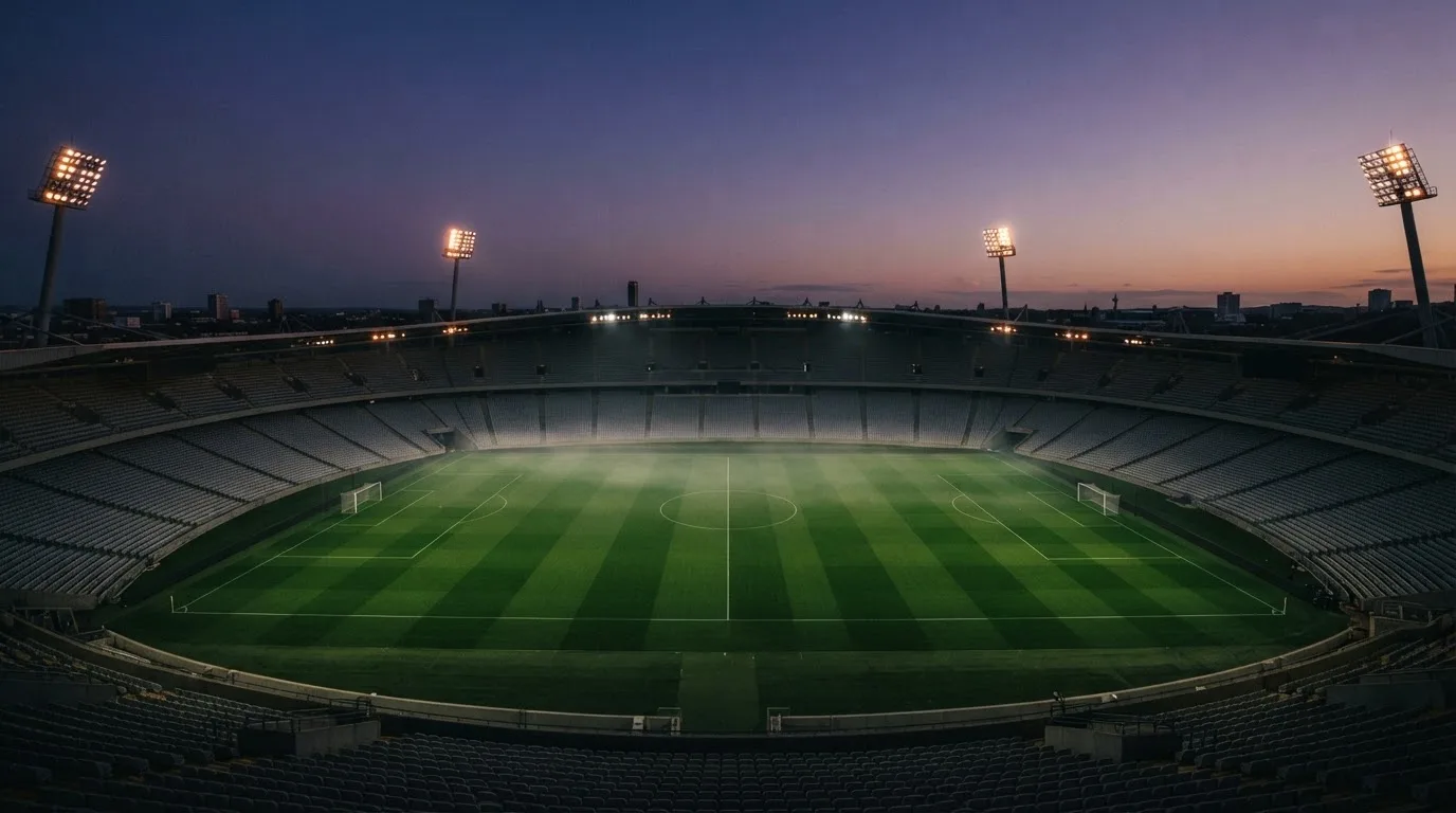 An empty football stadium with floodlight masts at dusk