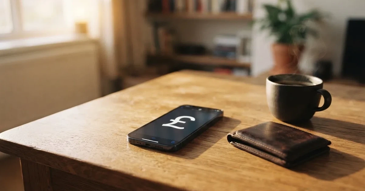 A smartphone on a wooden table beside a wallet and a coffee cup