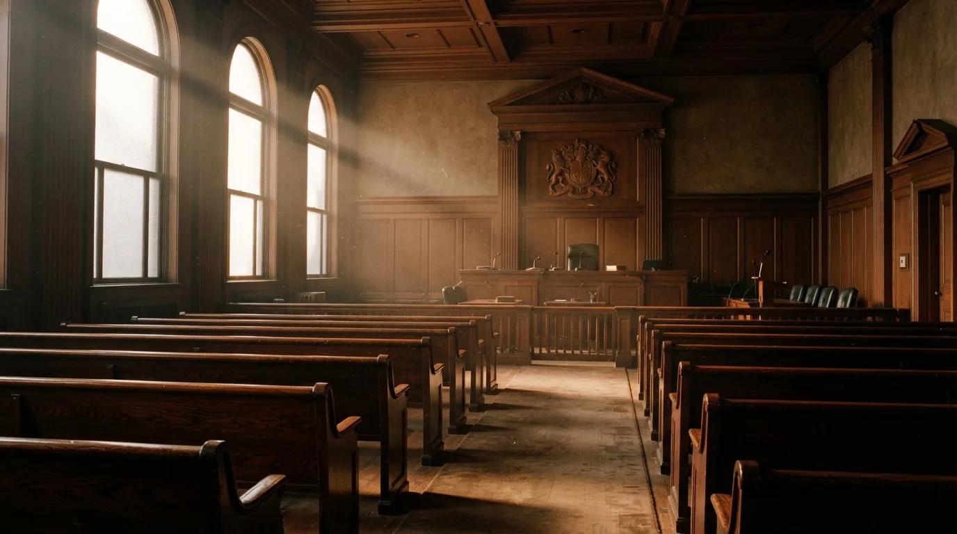An empty courtroom with wooden benches in morning light