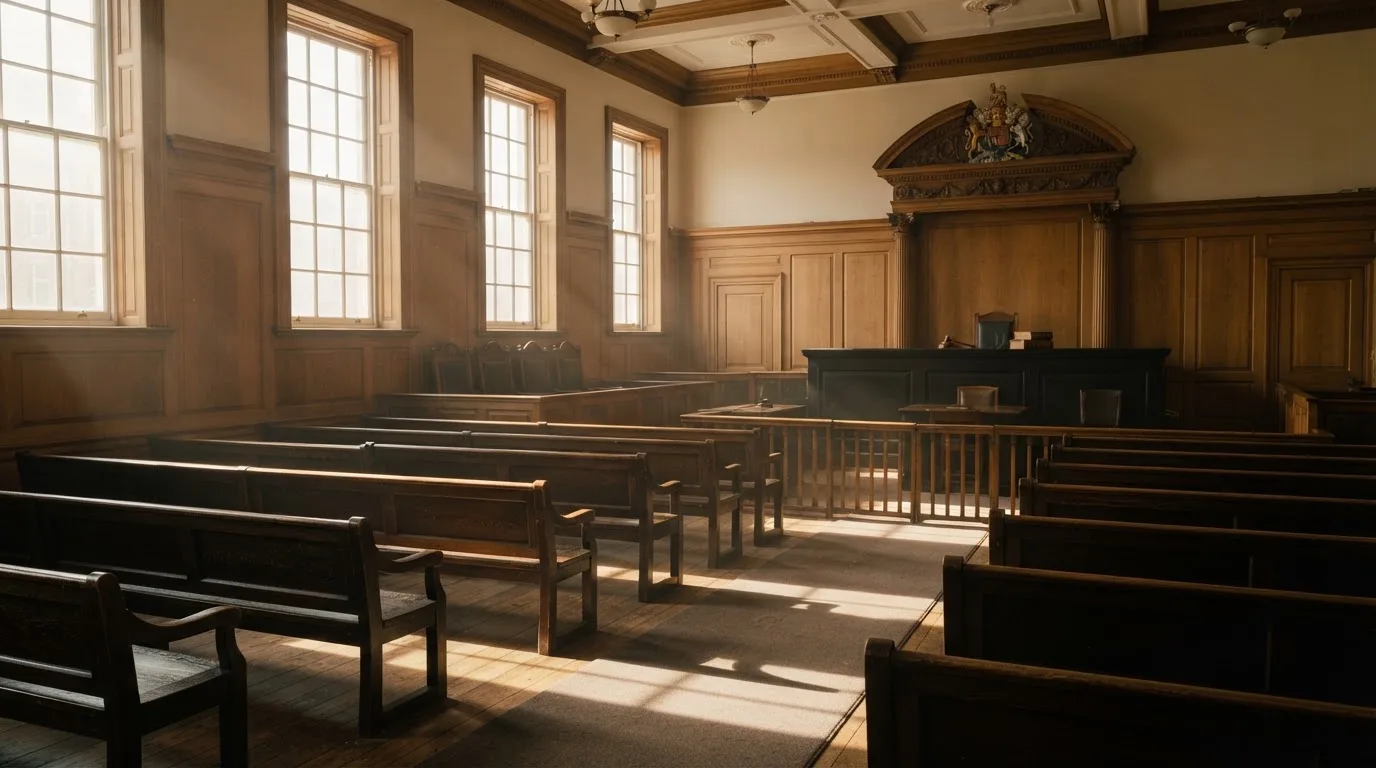An empty courtroom with wooden benches in morning light