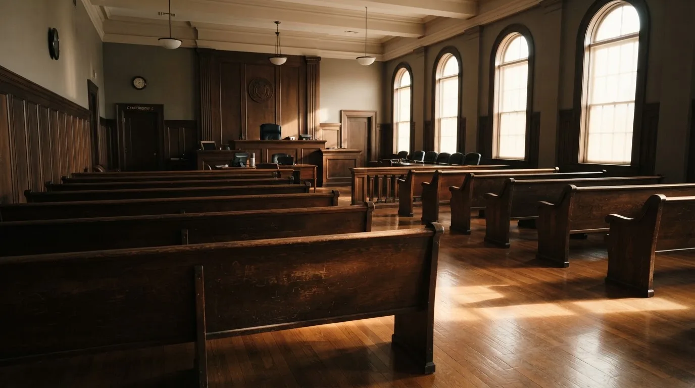 An empty courtroom with wooden benches in morning light