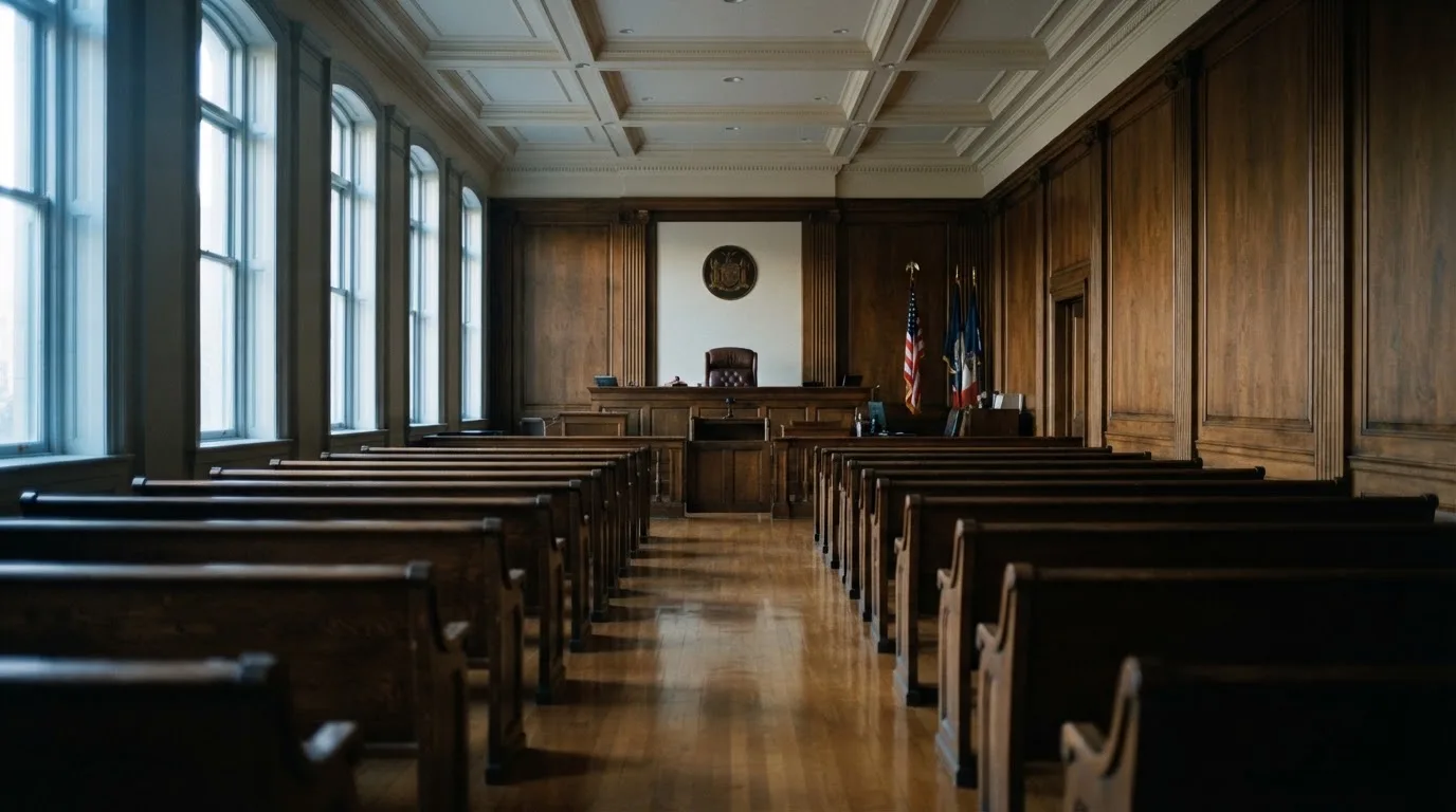An empty courtroom with wooden benches in morning light