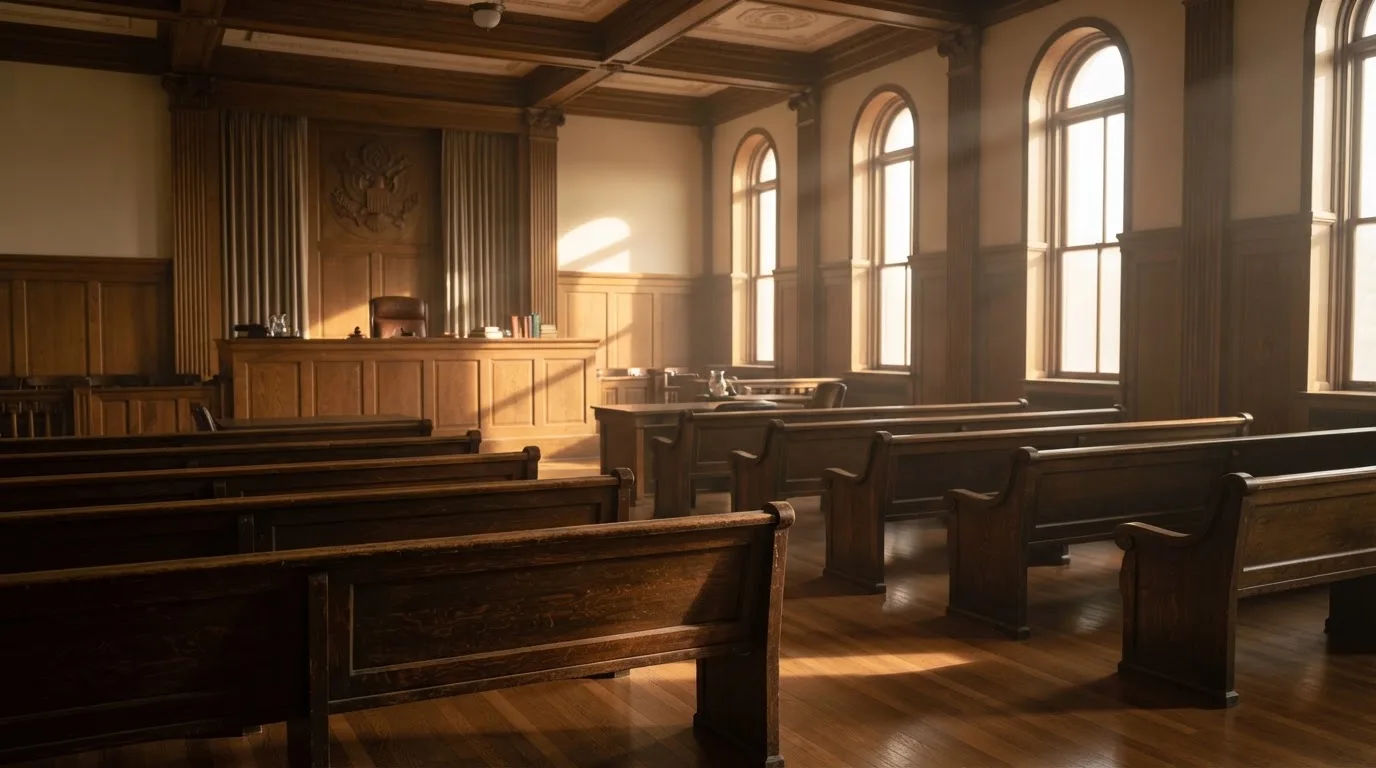 An empty courtroom with wooden benches in morning light