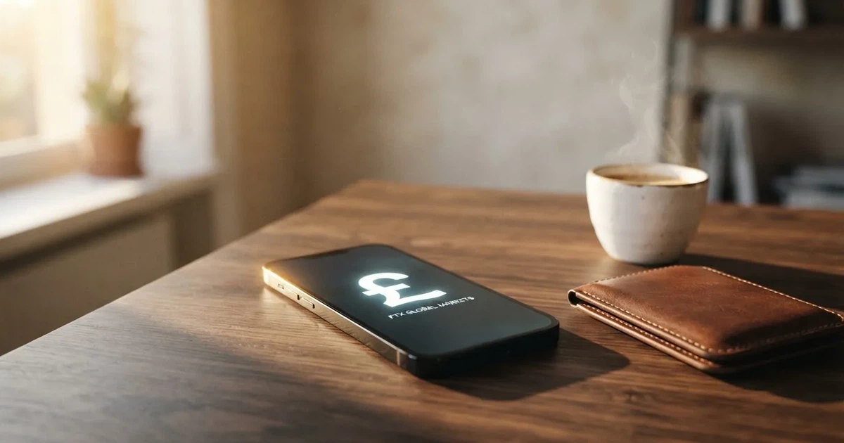 A smartphone on a wooden table beside a wallet and a coffee cup