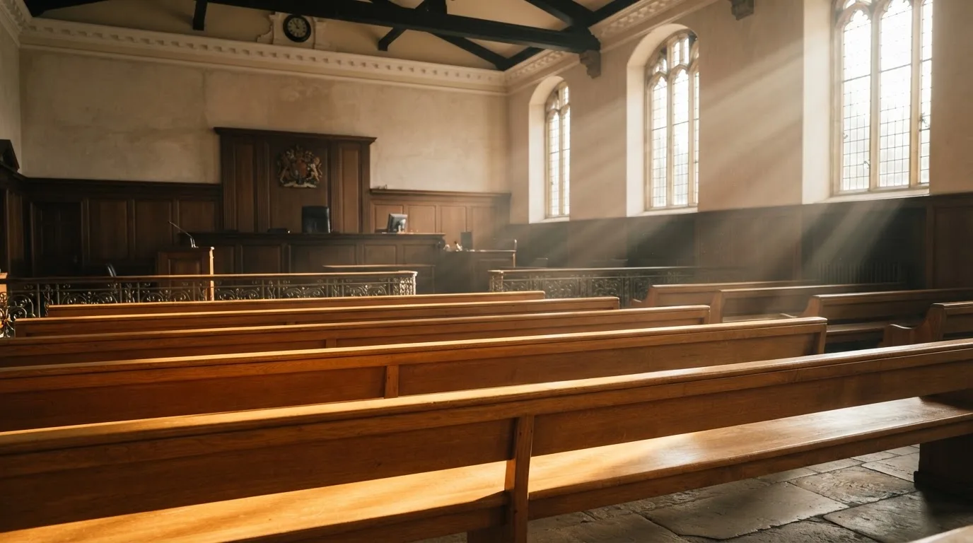 An empty courtroom with wooden benches in morning light