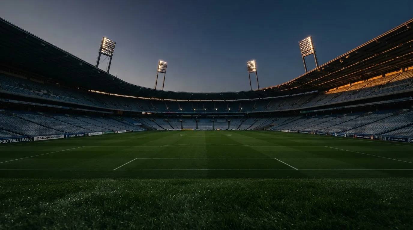 An empty football stadium with floodlight masts at dusk