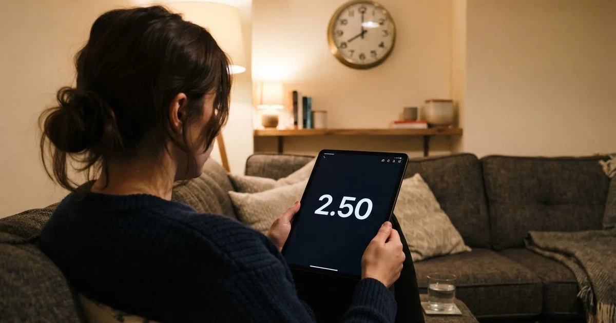 A person on a sofa looking thoughtfully at a tablet, a wall clock in the background