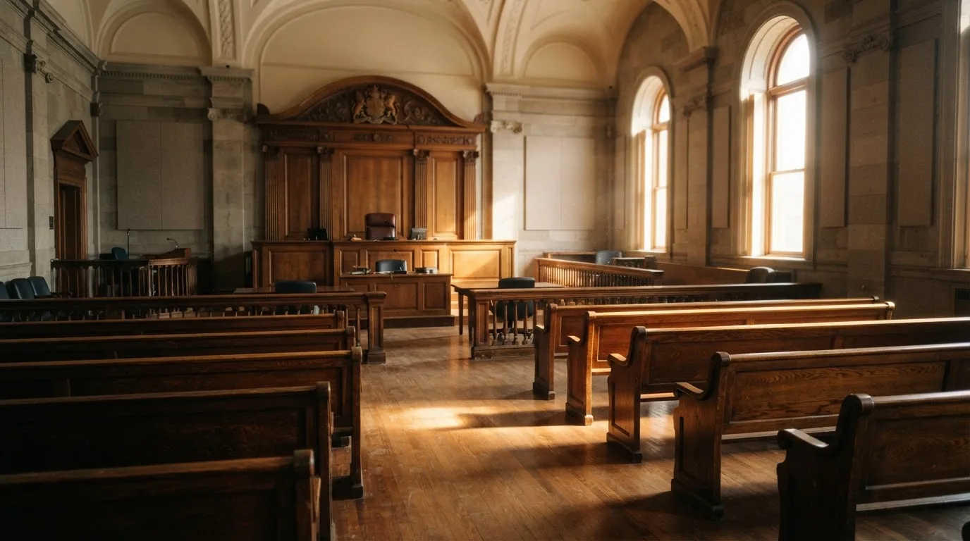 An empty courtroom with wooden benches in morning light