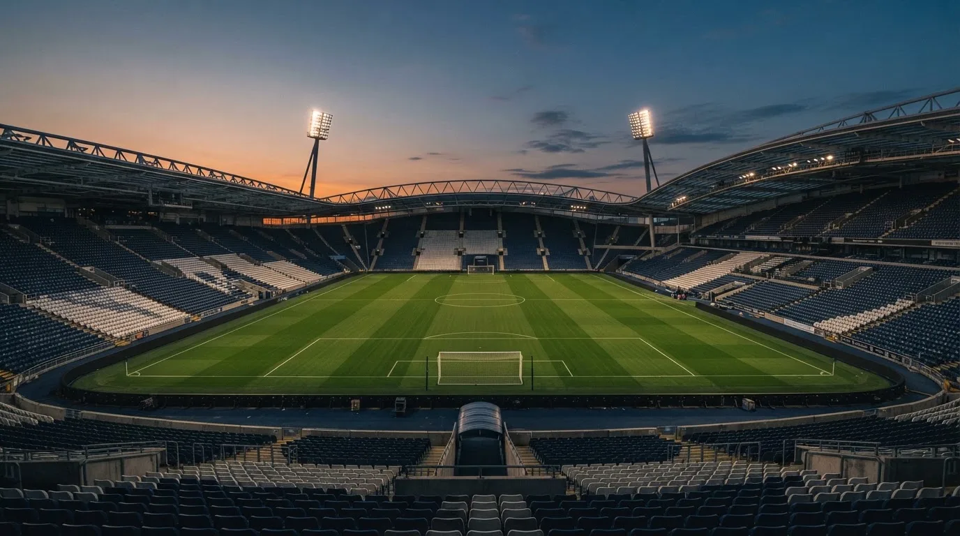 An empty football stadium with floodlight masts at dusk