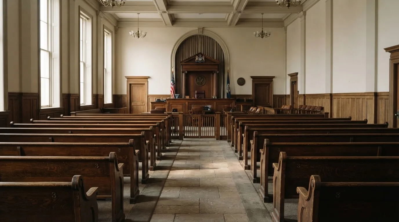An empty courtroom with wooden benches in morning light