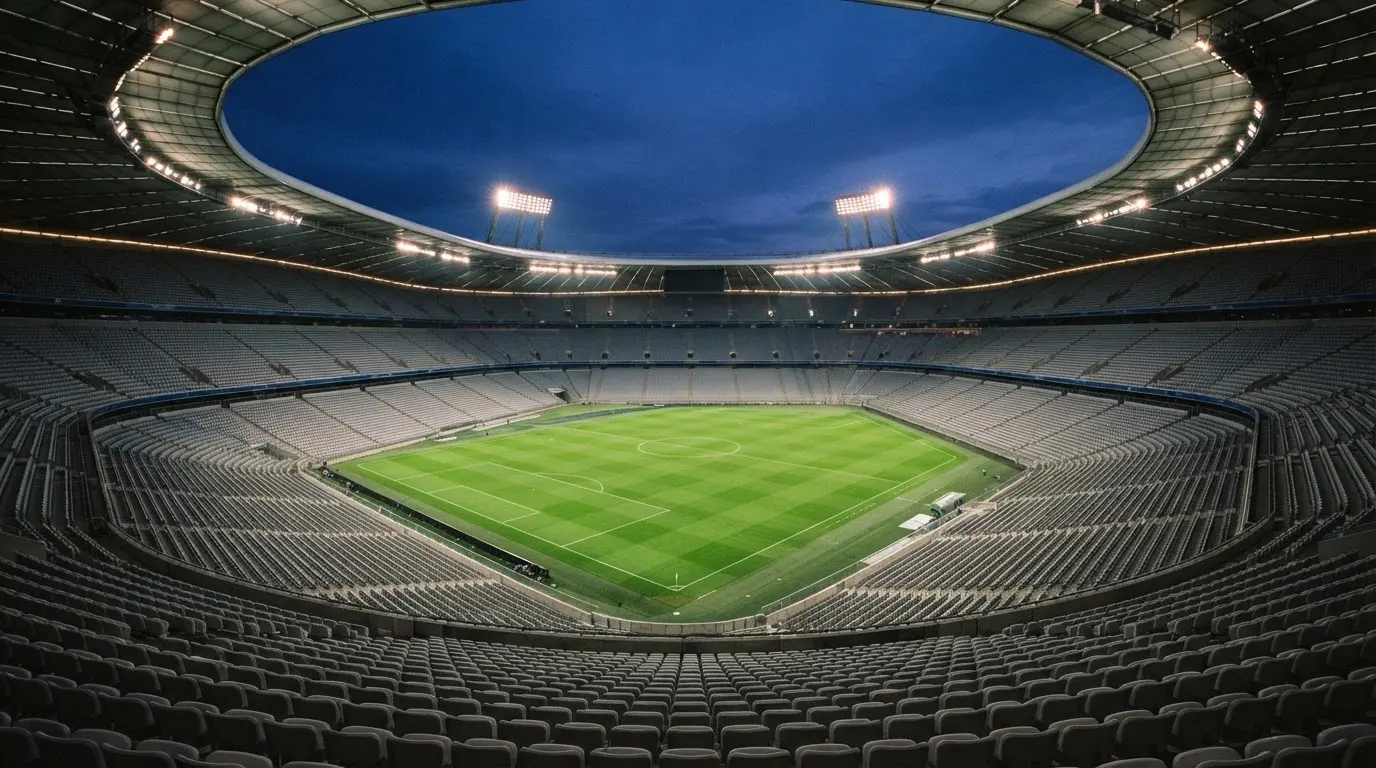 An empty football stadium with floodlight masts at dusk