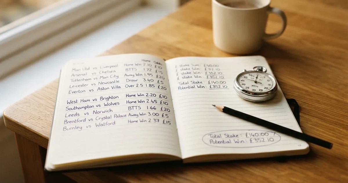 An open notebook with a pencil and a stopwatch on a wooden table