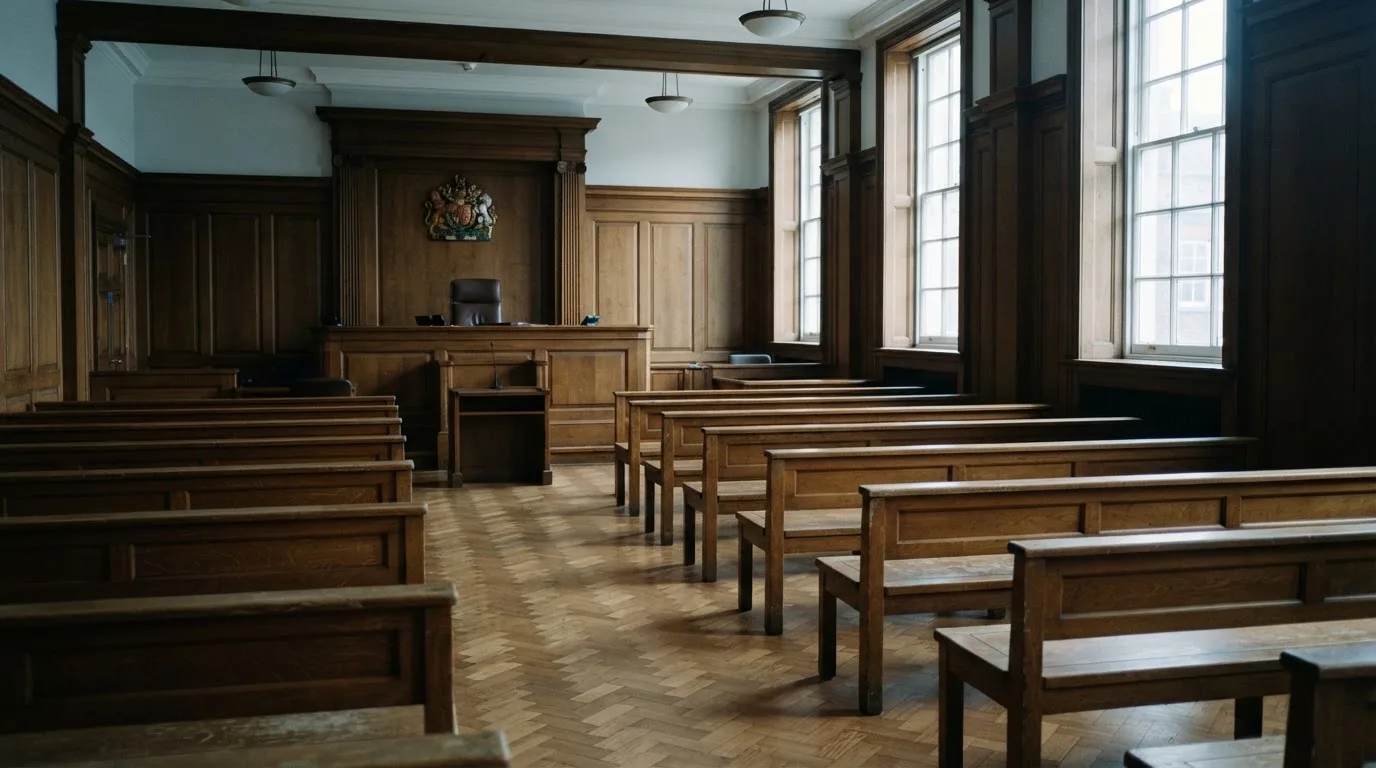 An empty courtroom with wooden benches in morning light