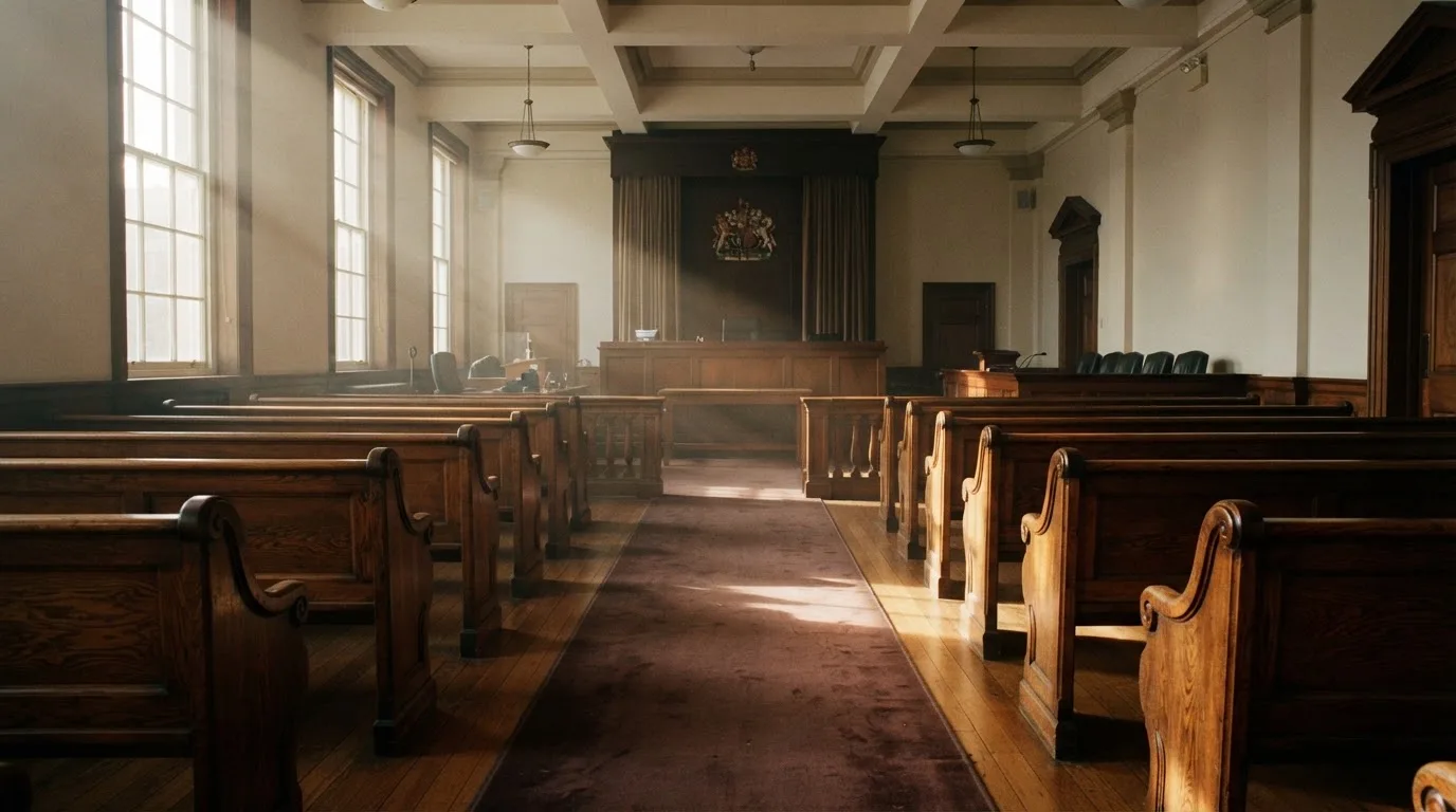 An empty courtroom with wooden benches in morning light