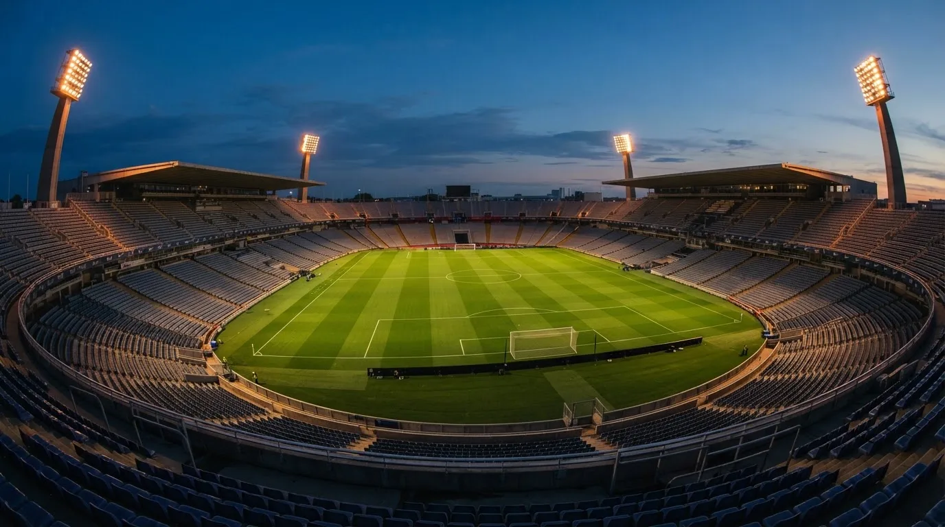 An empty football stadium with floodlight masts at dusk