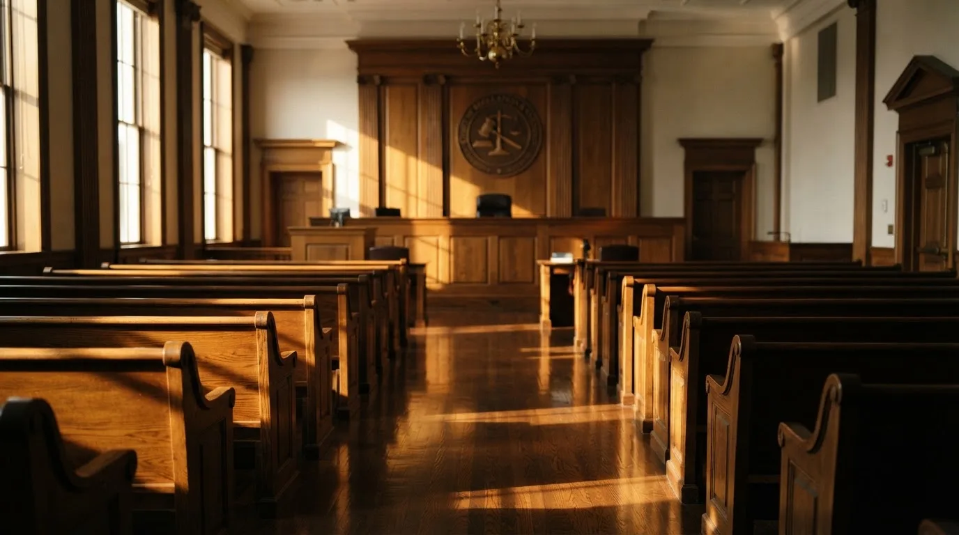 An empty courtroom with wooden benches in morning light
