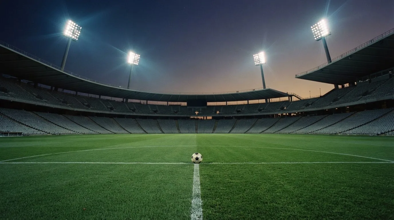 An empty football stadium with floodlight masts at dusk