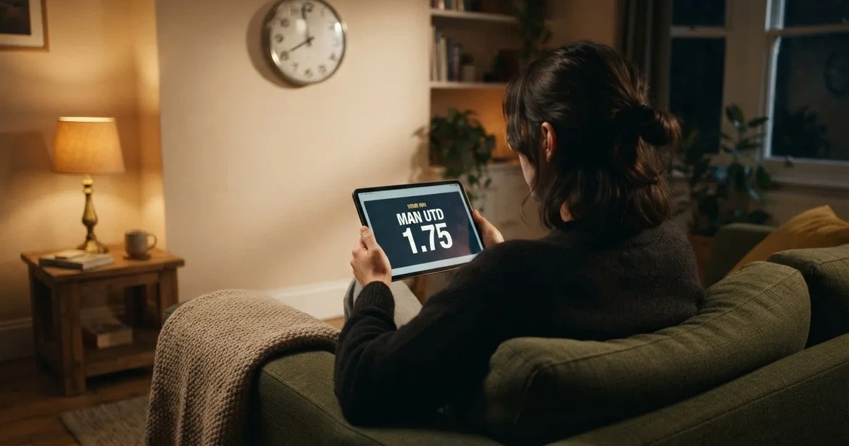 A person on a sofa looking thoughtfully at a tablet, a wall clock in the background