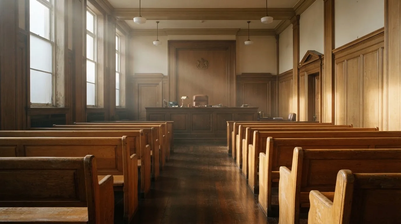 An empty courtroom with wooden benches in morning light