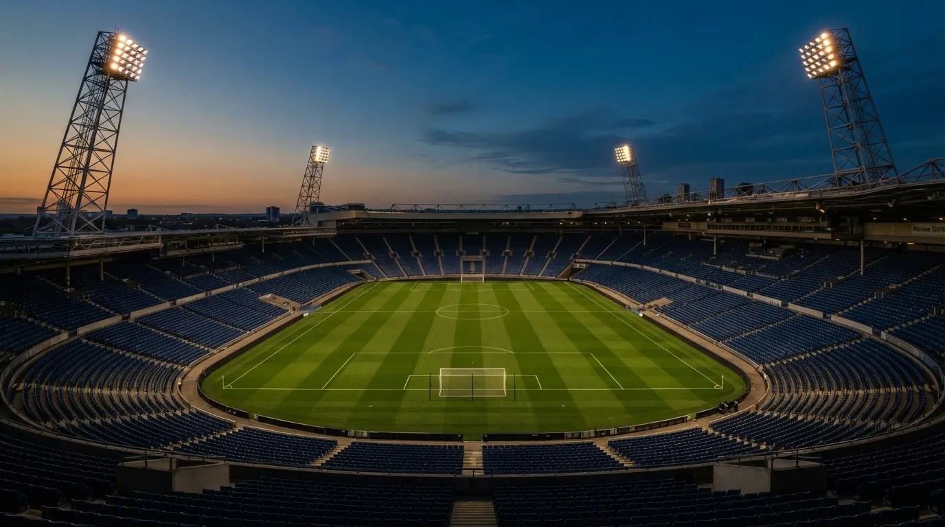 An empty football stadium with floodlight masts at dusk
