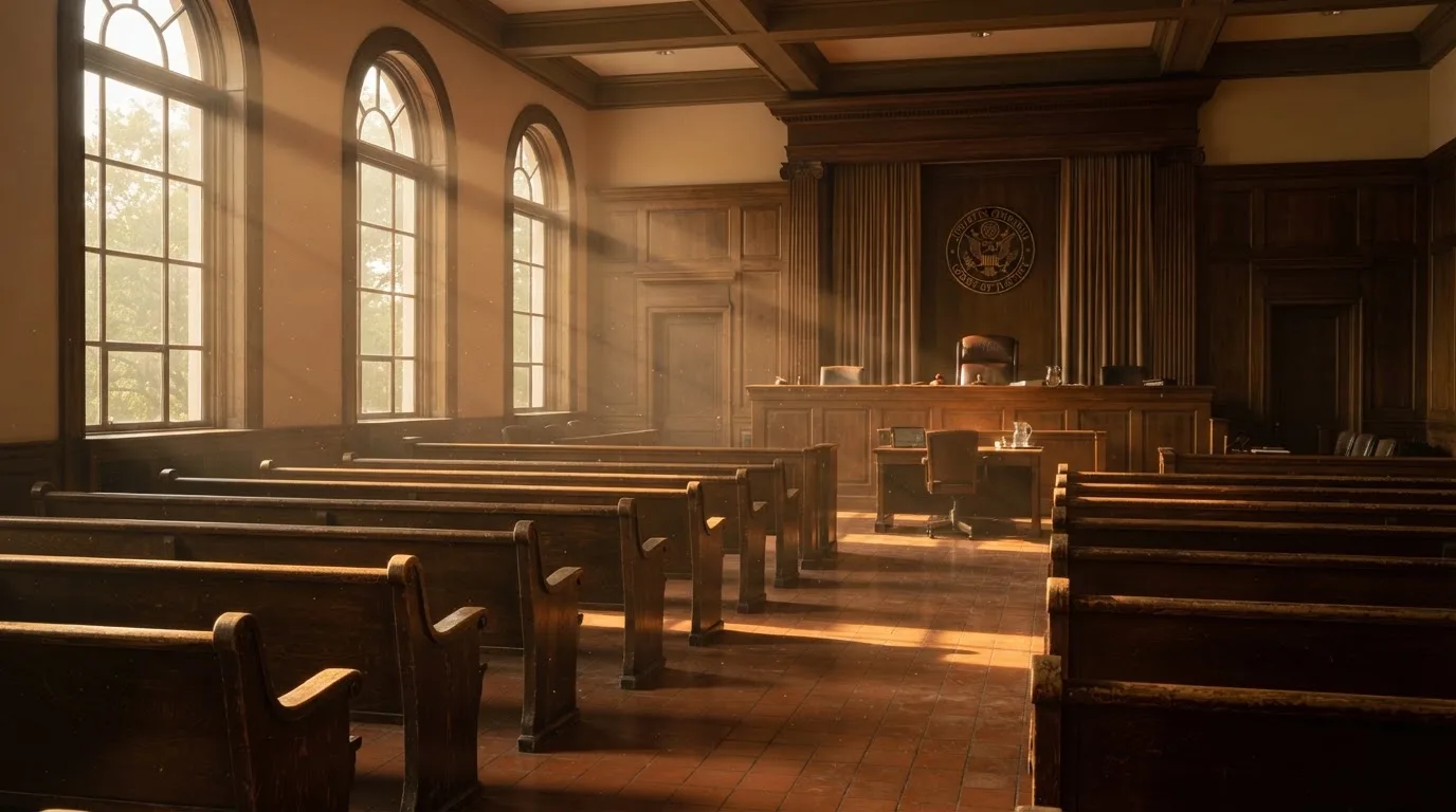 An empty courtroom with wooden benches in morning light