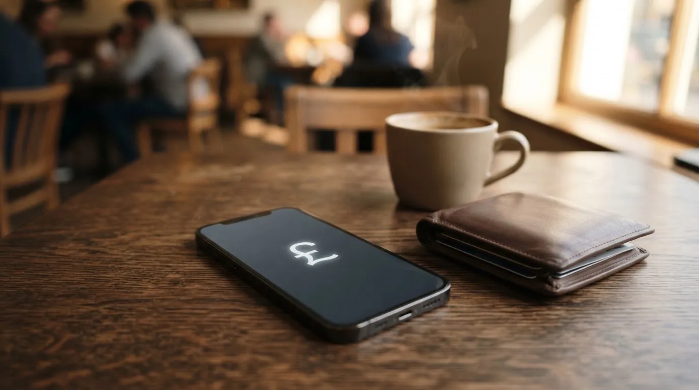 A smartphone on a wooden table beside a wallet and a coffee cup