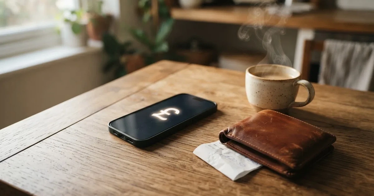 A smartphone on a wooden table beside a wallet and a coffee cup